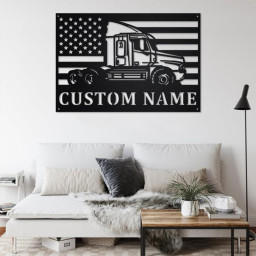 Custom US Flag Semi Truck Metal Wall Art, Personalized Semi Truck Name Sign Decoration For Room, Semi Truck Home Decor, Custom Semi Truck