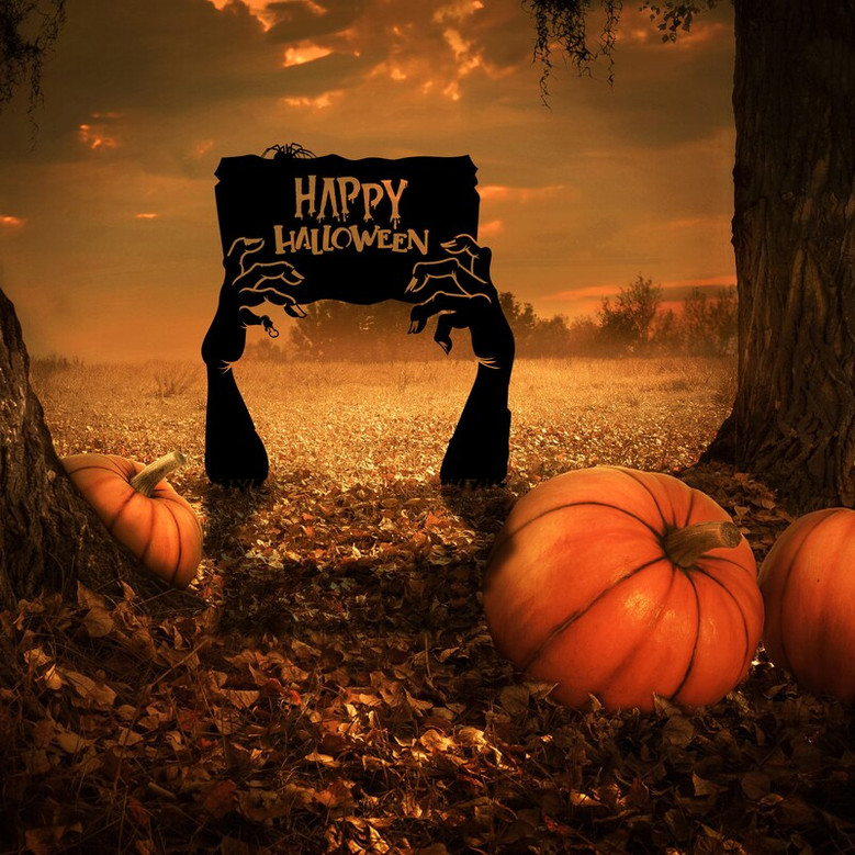 Metal Happy Halloween Garden Sign, Zombie Hands Decor, Cemetery Halloween Garden Stakes