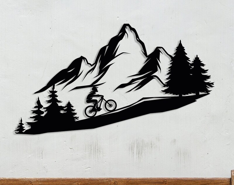 Mountain Tree and Cyclist Wall Art, Metal Bikers Wall Art, Home Decor and Gifts, Mountain Bikers Deco
