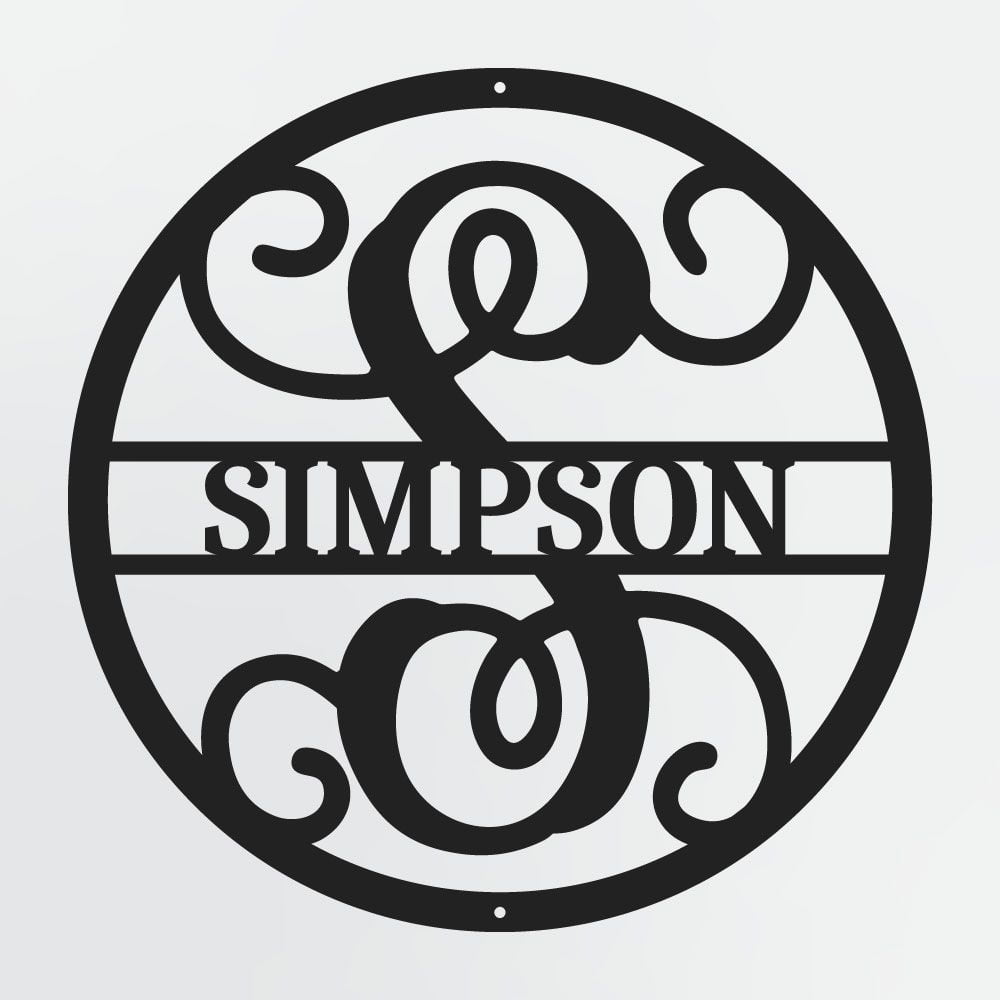 Curly Script Split Letter Monogram In Circle, Personalized Metal Family Name Sign