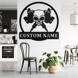Custom Skull Tattoo Machine Metal Wall Art, Personalized Tattoo Artist Name Sign Decoration For Room, Tattoo MAchine Metal Home Decor, Tatto