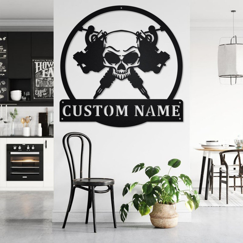 Custom Skull Tattoo Machine Metal Wall Art, Personalized Tattoo Artist Name Sign Decoration For Room, Tattoo MAchine Metal Home Decor, Tatto