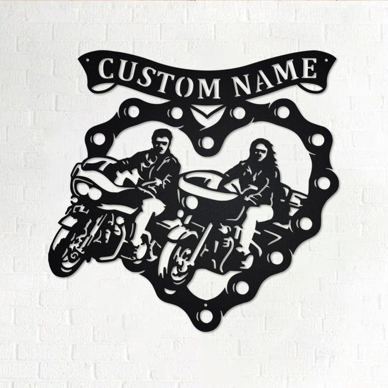 Custom Sweetheart Motorcycle Riding Couple Metal Wall Art, Personalized Motorcycle Name Sign Decoration For Room, Motorcycle Home Decor