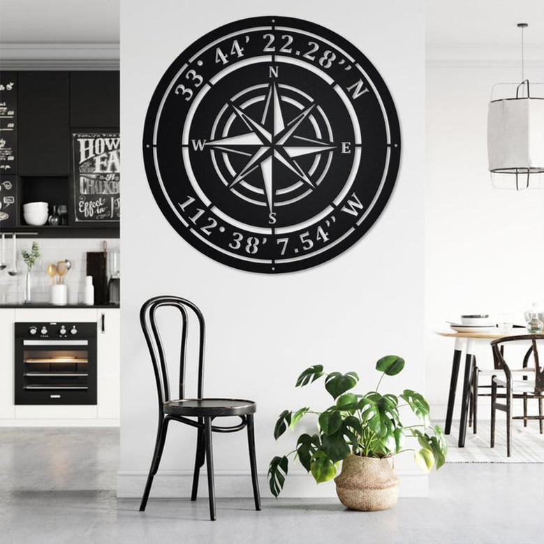 Custom Compass Rose Metal Sign - Custom Coordinates - Nautical Address Wall Art - Custom Compass Nautical Address Decoration For Home