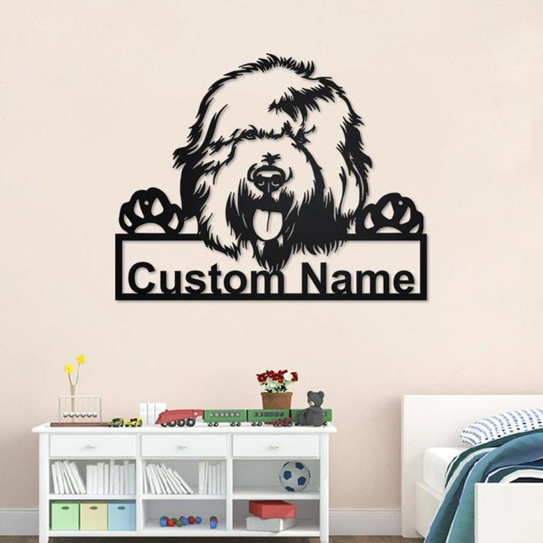Custom English Sheepdog Dog Metal Wall Art, Personalized English Sheepdog Name Sign Decoration For Room, English Sheepdog Metal Home Decor