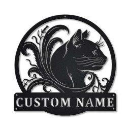 Personalized Black Cat Floral Metal Sign Art | Custom Black Cat Floral Metal Sign