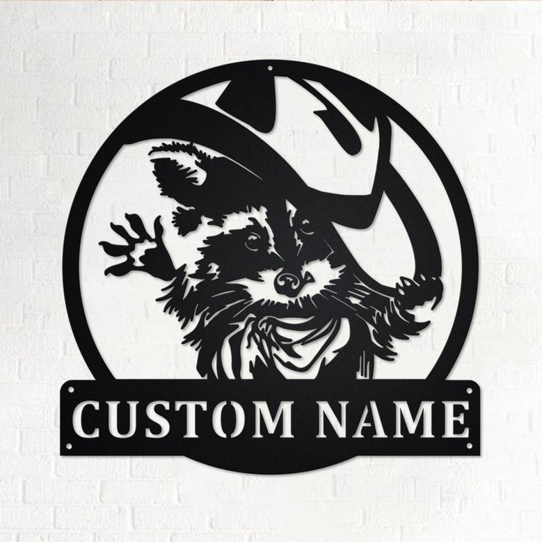 Custom Raccoon With Cowboy Hat Metal Wall Art, Personalized Raccoon Name Sign Decoration For Room, Raccoon Metal Home Decor, Custom Raccoon