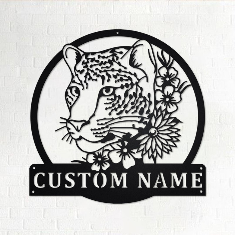Custom Leopard With Flower Metal Wall Art, Personalized Leopard Name Sign Decoration For Room, Leopard Metal Home Decor, Custom Leopard