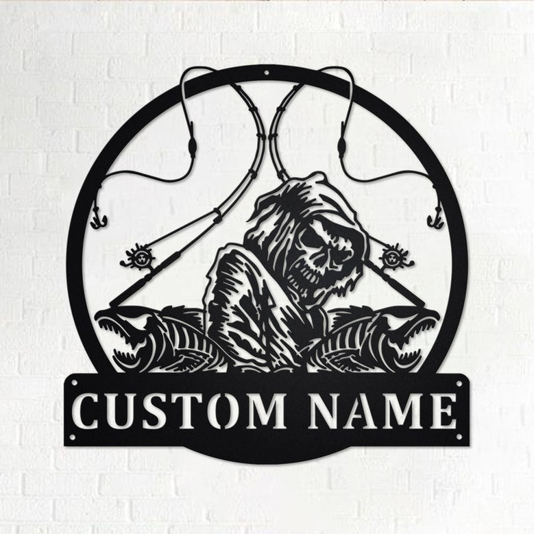 Custom Fish Reaper Skull Metal Wall Art, Personalized Fisherman Name Sign Decoration For Room, Fishing Metal Home Decor, Custom Fisherman