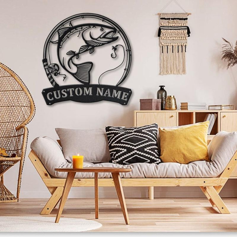 Personalized Rainbow Trout Fish Pole Monogram Metal Sign Art Rainbow Trout Fish Metal Sign Fishing Lover Sign Decoration For Living Room