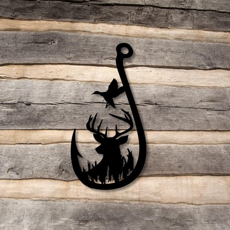 Deer Duck Fish Hook Sign. Metal Hunting Sign, Gift for Hunter, Farmhouse Decor, Christmas gift for him, Camp Decor, Wildlife, Sportsman