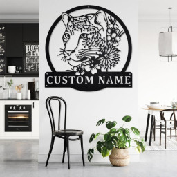 Custom Leopard With Flower Metal Wall Art, Personalized Leopard Name Sign Decoration For Room, Leopard Metal Home Decor, Custom Leopard