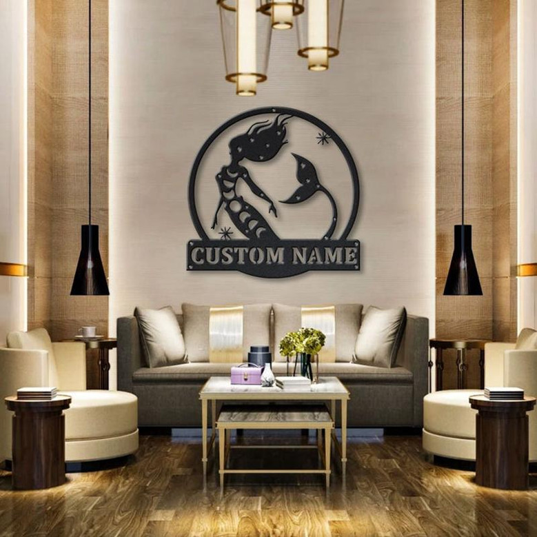 Personalized Moon Mermaid Monogram Metal Sign Art | Custom Mermaid Monogram Metal Sign | Mermaid Gift