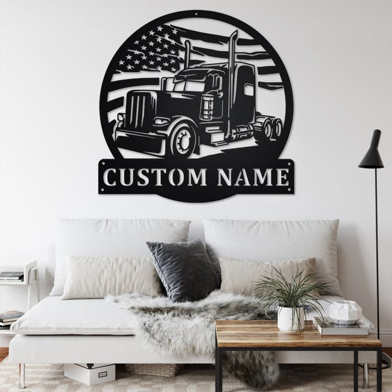 Custom US Flag Semi-Trailer Truck Metal Wall Art, Personalized Semi Truck Name Sign Decoration For Room, Semi Truck Home Decor,Custom Truck