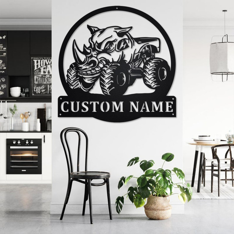 Custom Rhino Monster Truck Metal Wall Art, Personalized Monster Truck Name Sign Decoration For Room, Monster Truck Home Decor, Monster Truck