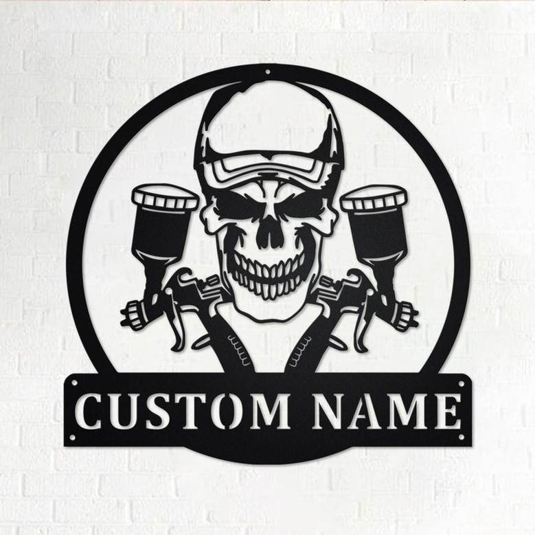 Custom Air Brush Painter Skull Metal Wall Art, Personalized Painter Name Sign Decoration For Room, Painter Home Decor, Custom Painter Skull