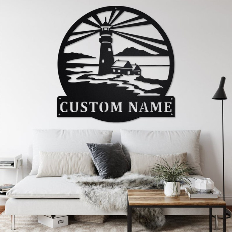 Custom Lighthouse Nautical Round Metal Wall Art, Personalized Lighthouse Name Sign Decoration For Room, Lighthouse Home Decor, Lighthouse