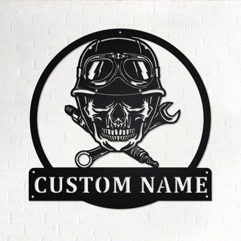Custom Biker Skull Metal Wall Art, Personalized Biker Name Sign Decoration For Room, Biker Skull Metal Home Decor, Custom Biker, Biker Skull