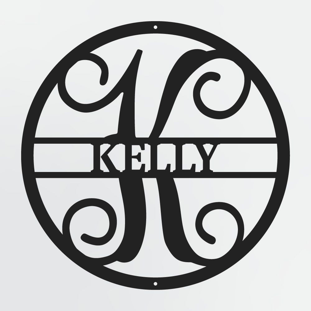 Curly Script Split Letter Monogram In Circle, Personalized Metal Family Name Sign
