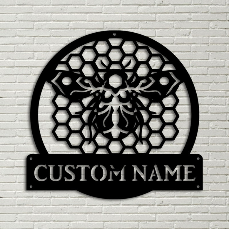 Personalized Bee Honeycombs Monogram Metal Sign Art, Custom Honey Bee Metal Wall Art, Bee Antler Decor, Housewarming Outdoor Metal Sign