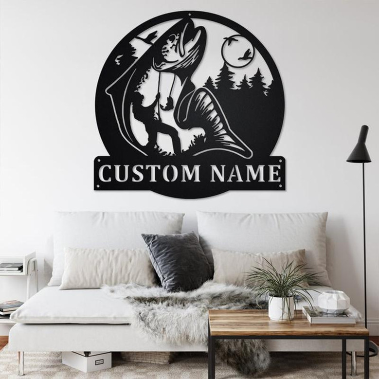 Custom Salmon Fishing Metal Wall Art, Personalized Salmon Fisher Name Sign Decoration For Room, Salmon Fish Metal Home Decor, Custom Fisher