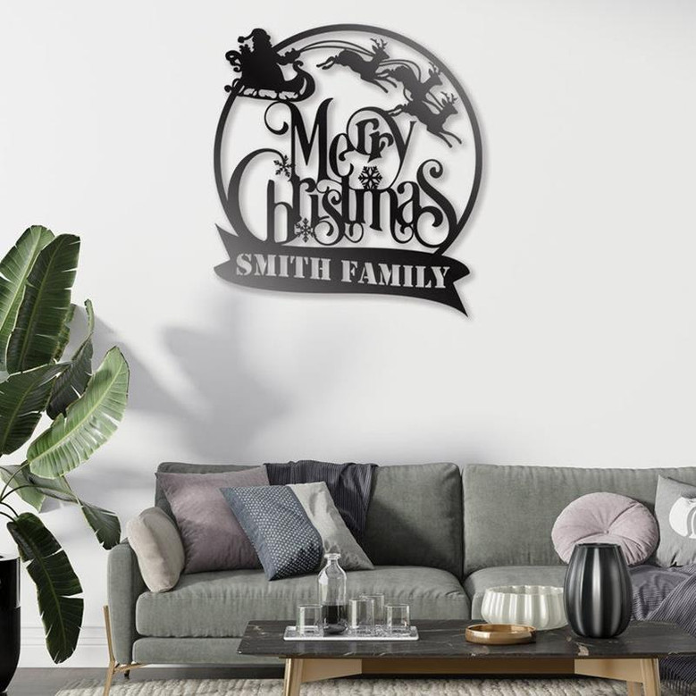 Custom Merry Christmas Metal Wall Art, Personalized Family Name Christmas Sign, Front Door Metal Sign Hanging, Family Christmas Gift