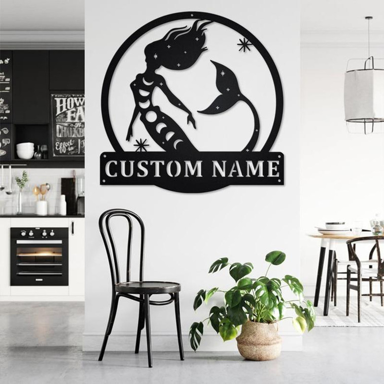 Custom Moon Mermaid Metal Wall Art, Personalized Moon Mermaid Name Sign Decoration For Room, Moon Mermaid Home Decor, Custom Moon Mermaid