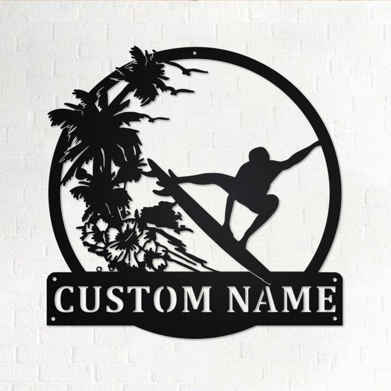 Custom Surfing Sunset Metal Wall Art, Personalized Surfer Name Sign Decoration For Room, Surfing Metal Home Decor, Custom Surfing Sunset