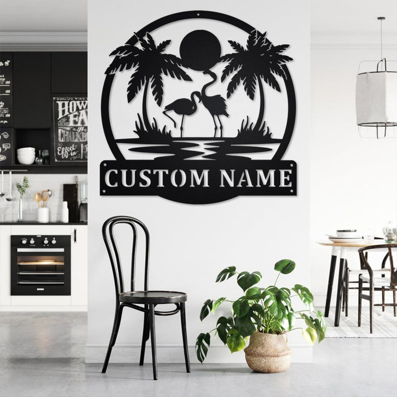 Custom Sunset Flamingo Metal Wall Art, Personalized Flamingo Name Sign Decoration For Room, Flamingo Home Decor, Custom Flamingo, Flamingo