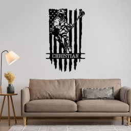 Personalized Lacrosse Player With US Flag Metal Sign, Sport Wall Art With Custom Name For Home Decor, Birthday Gift, Lacrosse Gift
