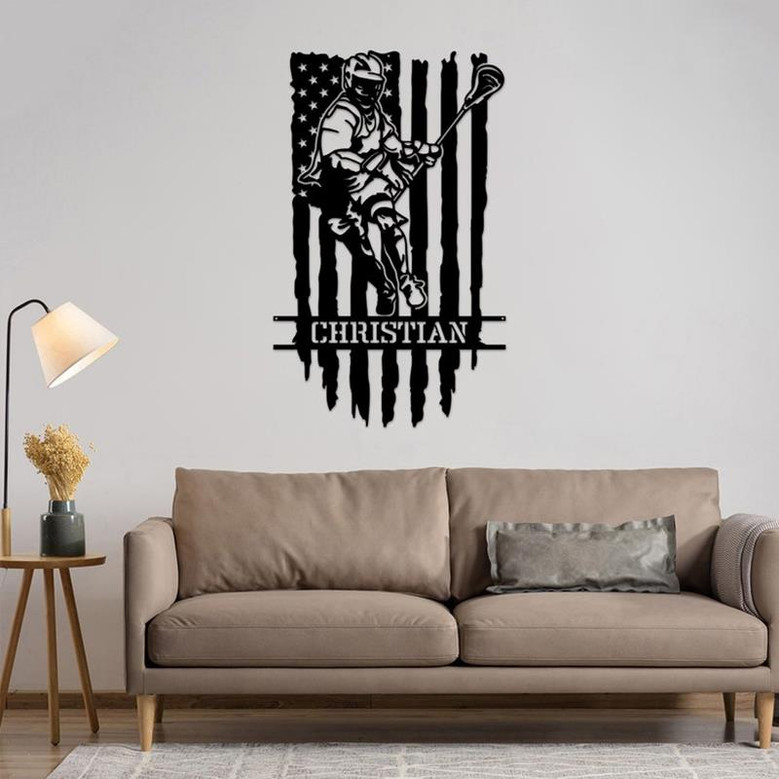 Personalized Lacrosse Player With US Flag Metal Sign, Sport Wall Art With Custom Name For Home Decor, Birthday Gift, Lacrosse Gift