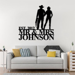 Personalized Cowboy Cowgirl Couple Metal Sign, Custom Mr & Mrs Wall Art For Home Decor, Love Anniversary Gift, Wedding Gift