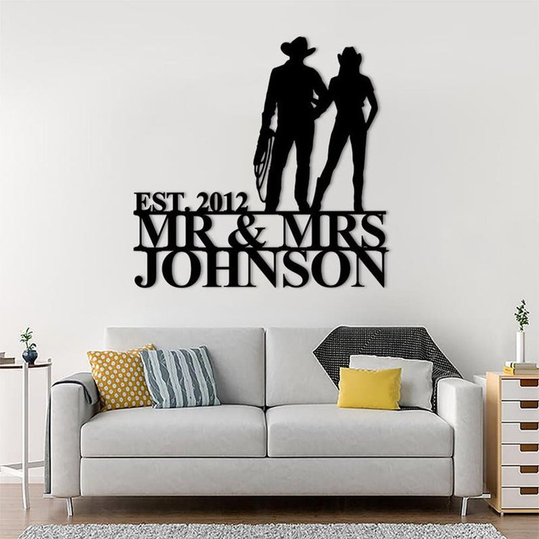 Personalized Cowboy Cowgirl Couple Metal Sign, Custom Mr & Mrs Wall Art For Home Decor, Love Anniversary Gift, Wedding Gift