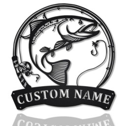 Personalized Rainbow Trout Fish Pole Monogram Metal Sign Art Rainbow Trout Fish Metal Sign Fishing Lover Sign Decoration For Living Room