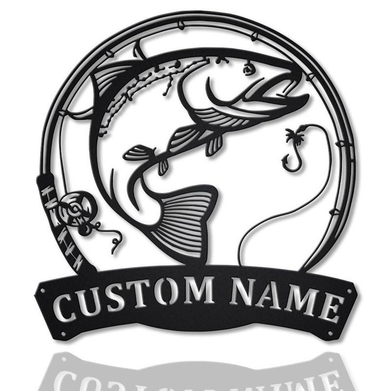 Personalized Rainbow Trout Fish Pole Monogram Metal Sign Art Rainbow Trout Fish Metal Sign Fishing Lover Sign Decoration For Living Room