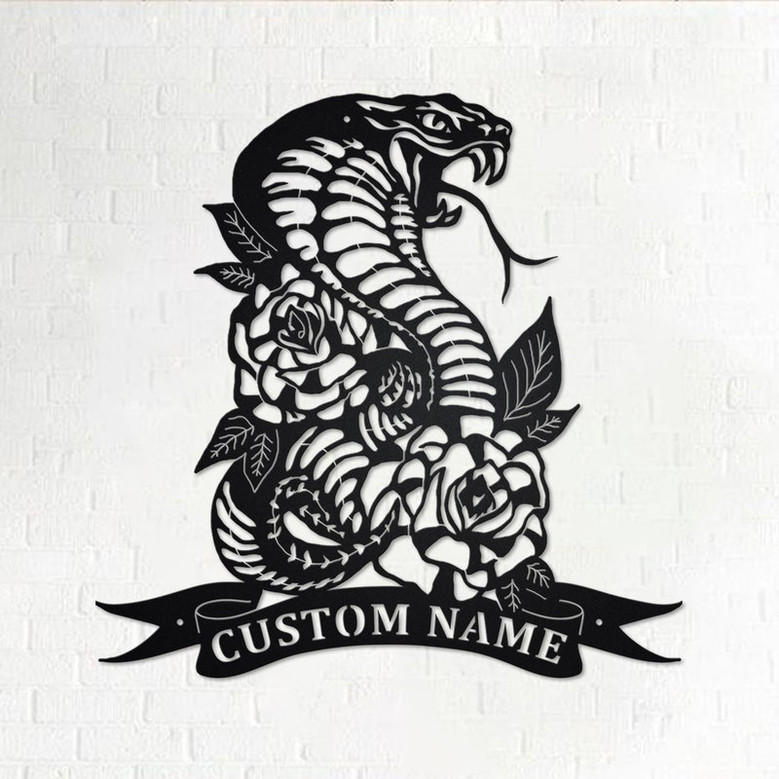Custom Cobra Snake & Roses Metal Wall Art, Personalized Cobra Snake Name Sign Decoration For Room, Cobra Snake Home Decor,Custom Cobra Snake