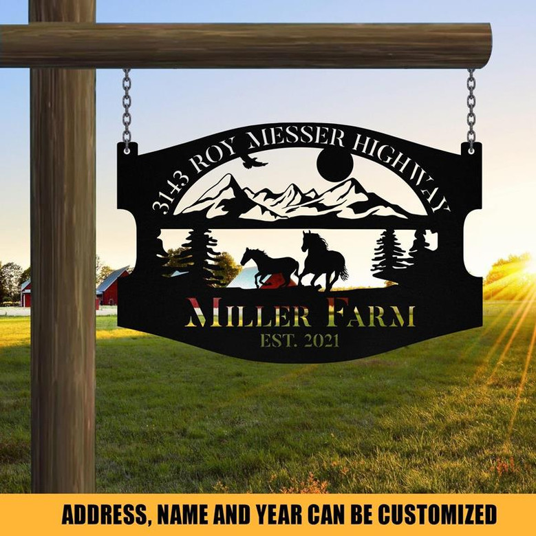 Personalized Metal Wild Horse Sign Monogram Custom Outdoor Farm Farmhouse Ranch Stable Acres Wall Decor Art Gift