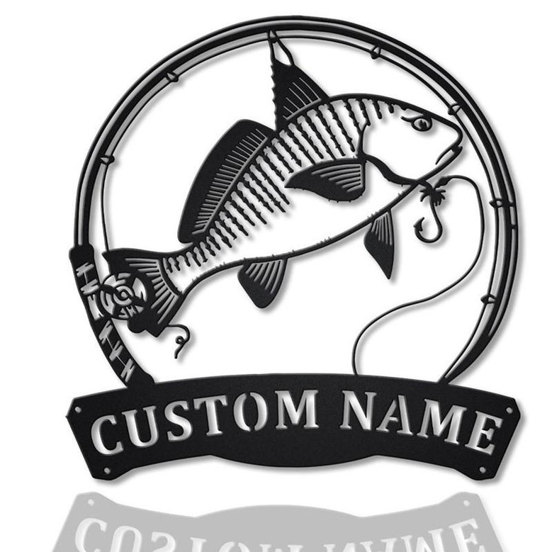 Personalized Atlantic Croaker Fish Pole Monogram Metal Sign Art Atlantic Croaker Metal Sign | Fishing Lover Sign Decoration For Living Room