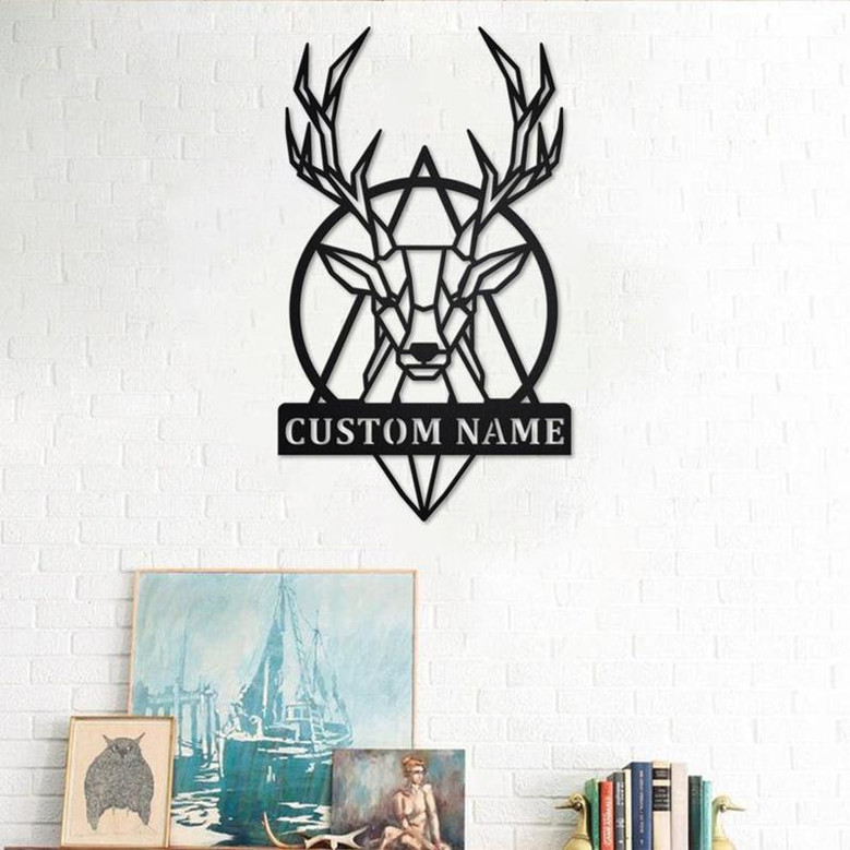 Custom Deer Geometric Metal Wall Art, Personalized Deer Geometric Name Sign Decoration For Room, Deer Home Decor, Custom Deer Geometric