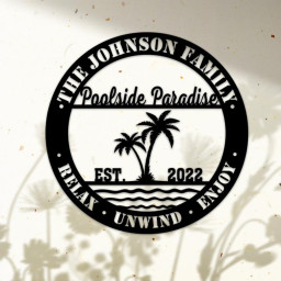 Personalized Poolside Paradise Metal Wall Art, Custom Palm Tree Pool Family Name Metal Sign