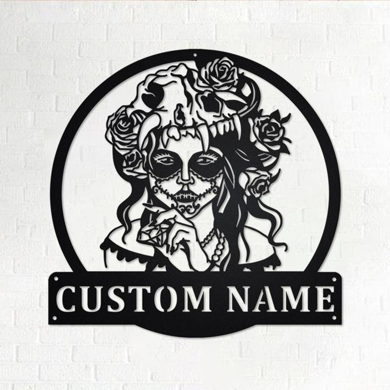 Custom Sugar Skull With Diamond Metal Wall Art, Personalized Sugar Skull Name Sign Decoration For Room, Sugar Skull Metal Home Decor, Skull