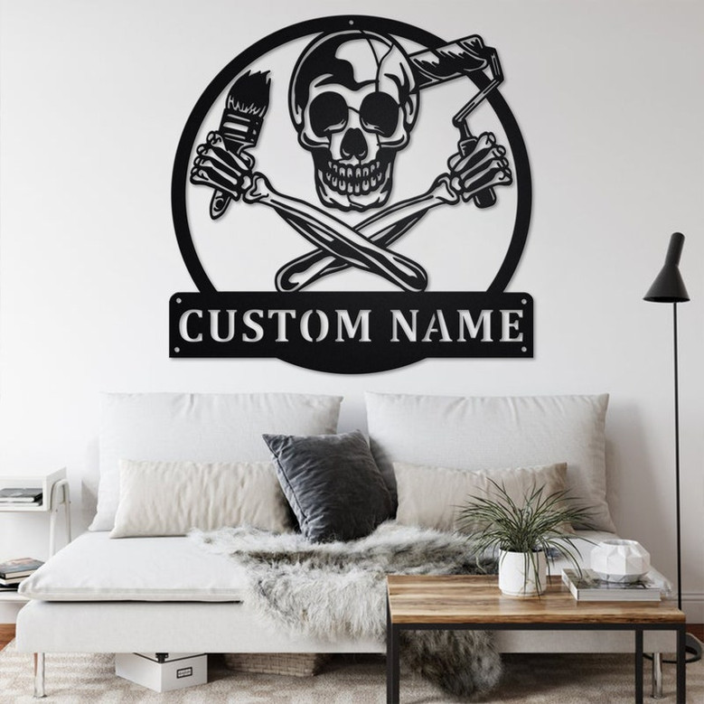 Custom Skull Painter Metal Wall Art, Personalized Painter Name Sign Decoration For Room, Painter Metal Home Decor, Custom Skull Painter