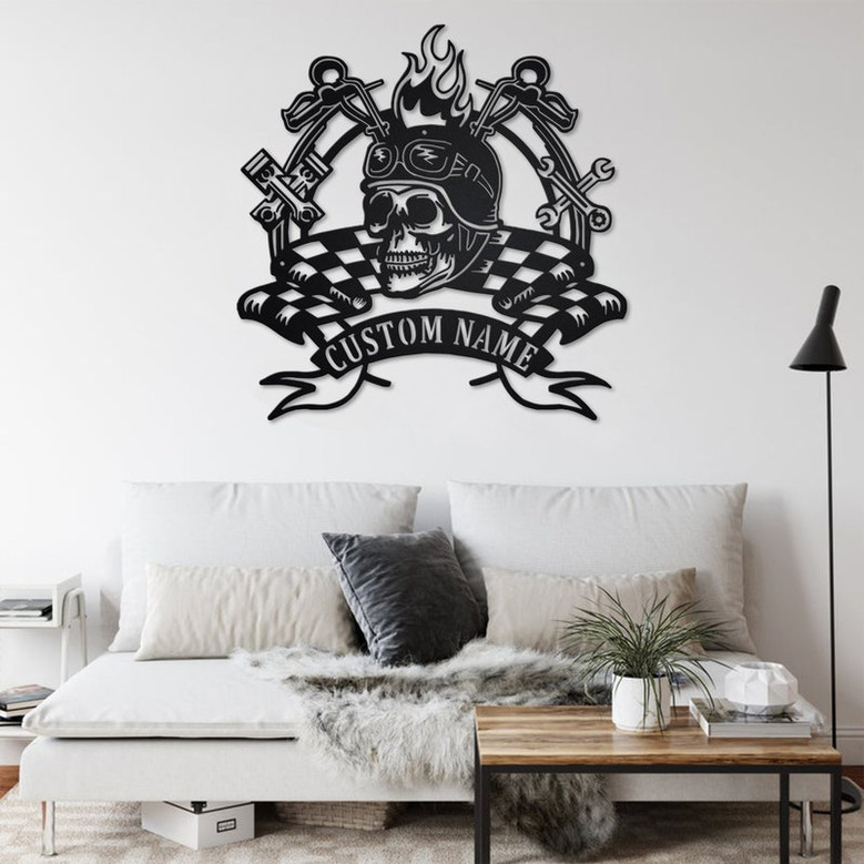Custom Biker With Skull Metal Wall Art, Personalized Bike Name Sign Decoration For Room, Motorcycle Home Decor Motocross Rider, Custom Biker