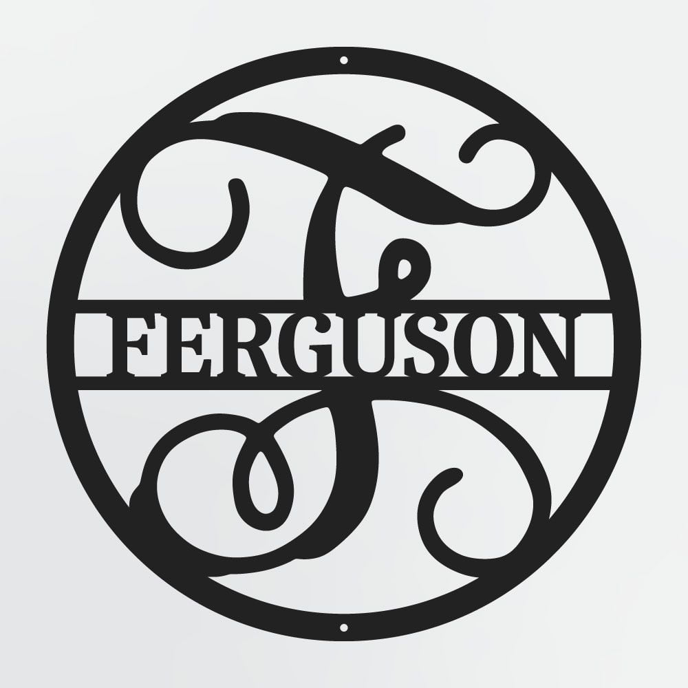 Curly Script Split Letter Monogram In Circle, Personalized Metal Family Name Sign