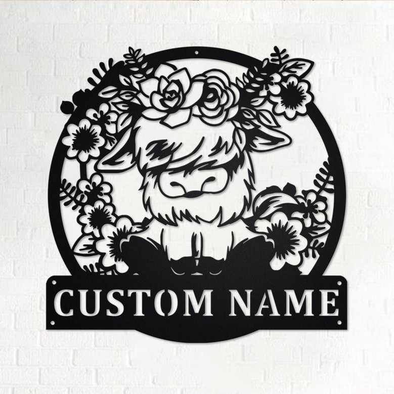 Custom Floral Highland Cow Metal Wall Art, Personalized Highland Cow Name Sign Decoration For Room, Highland Cow Metal Home Decor,Custom Cow