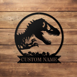 Personalized T-Rex Dinosaur Metal Sign, Funny Dino Skeleton Metal Wall Art, Kid Room Decor