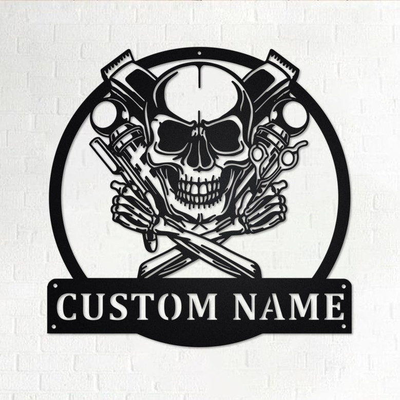 Custom Barbershop Skull Metal Wall Art, Personalized Barbershop Name Sign Decoration For Room, Barbershop Metal Home Decor,Custom Barbershop