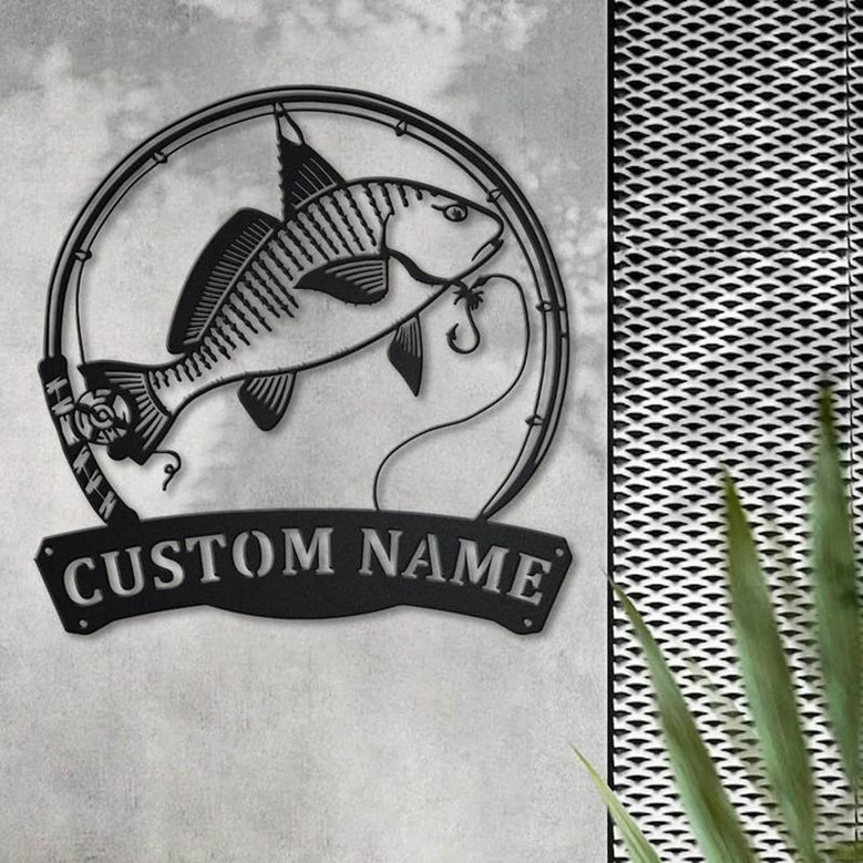 Personalized Atlantic Croaker Fish Pole Monogram Metal Sign Art Atlantic Croaker Metal Sign | Fishing Lover Sign Decoration For Living Room