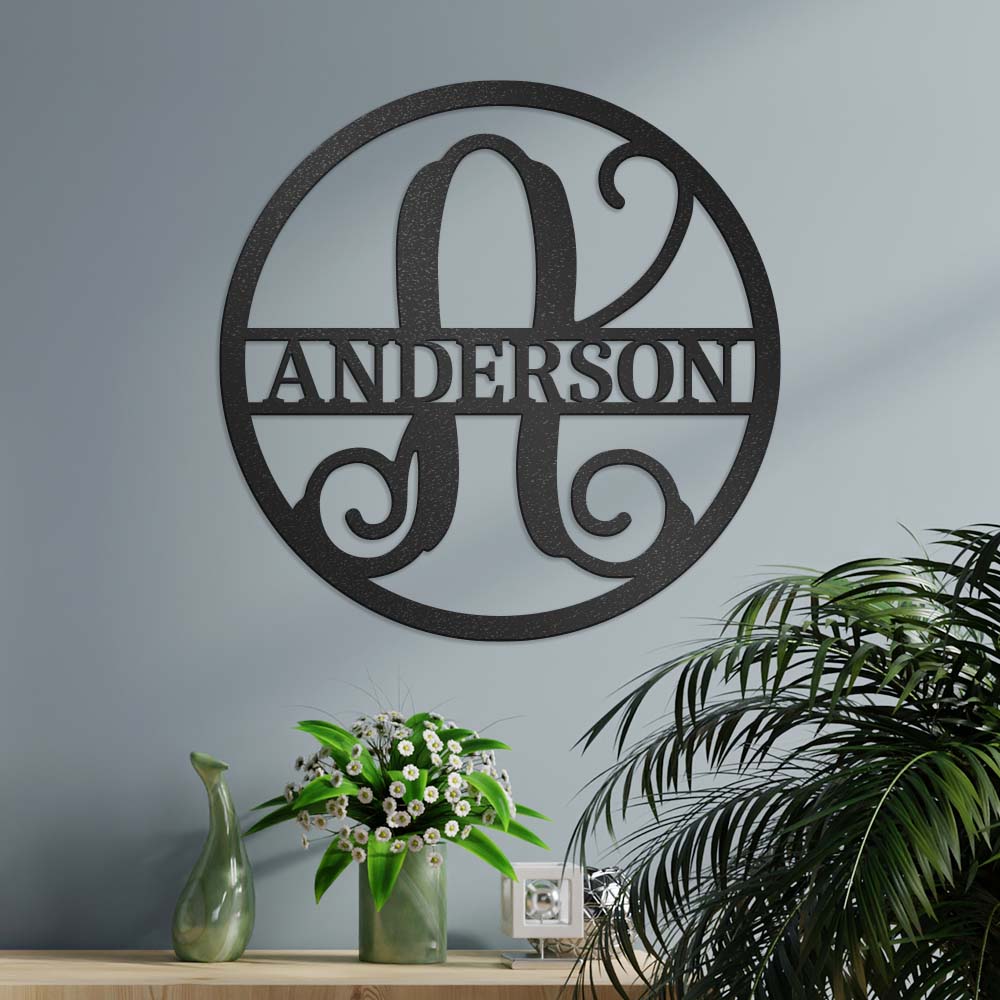 Curly Script Split Letter Monogram In Circle, Personalized Metal Family Name Sign
