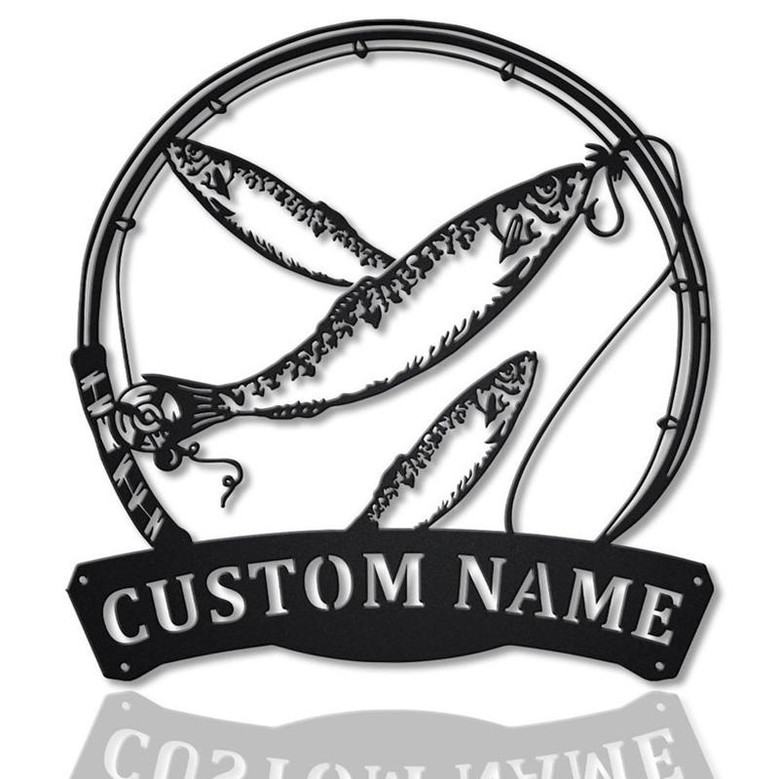 Personalized Sardine Fishing Fish Pole Monogram Metal Sign Art Custom Sardine Fish Metal Sign Fishing Lover Sign Decoration For Living Room
